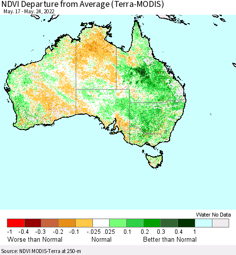 Australia NDVI Departure from Average (Terra-MODIS) Thematic Map For 5/17/2022 - 5/24/2022