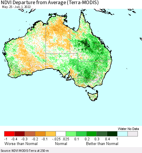 Australia NDVI Departure from Average (Terra-MODIS) Thematic Map For 5/25/2022 - 6/1/2022