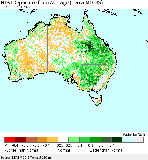 Australia NDVI Departure from Average (Terra-MODIS) Thematic Map For 6/2/2022 - 6/9/2022