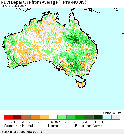 Australia NDVI Departure from Average (Terra-MODIS) Thematic Map For 6/26/2022 - 7/3/2022