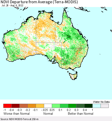 Australia NDVI Departure from Average (Terra-MODIS) Thematic Map For 7/28/2022 - 8/4/2022
