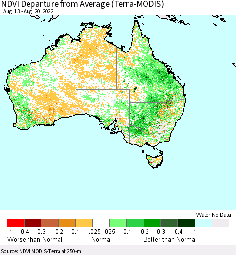 Australia NDVI Departure from Average (Terra-MODIS) Thematic Map For 8/13/2022 - 8/20/2022