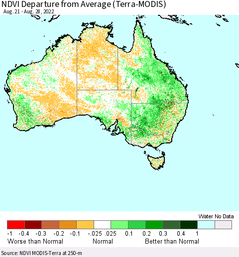 Australia NDVI Departure from Average (Terra-MODIS) Thematic Map For 8/21/2022 - 8/28/2022