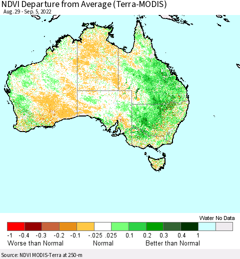 Australia NDVI Departure from Average (Terra-MODIS) Thematic Map For 8/29/2022 - 9/5/2022