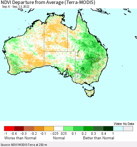 Australia NDVI Departure from Average (Terra-MODIS) Thematic Map For 9/6/2022 - 9/13/2022