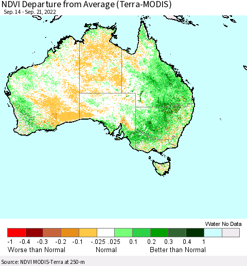 Australia NDVI Departure from Average (Terra-MODIS) Thematic Map For 9/14/2022 - 9/21/2022