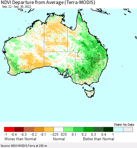 Australia NDVI Departure from Average (Terra-MODIS) Thematic Map For 9/22/2022 - 9/29/2022