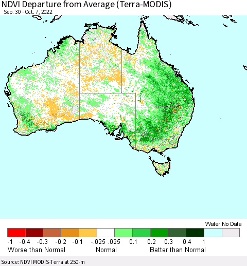 Australia NDVI Departure from Average (Terra-MODIS) Thematic Map For 9/30/2022 - 10/7/2022
