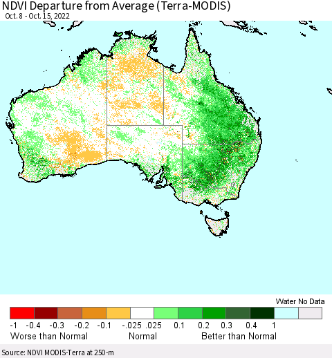 Australia NDVI Departure from Average (Terra-MODIS) Thematic Map For 10/8/2022 - 10/15/2022