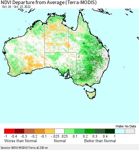 Australia NDVI Departure from Average (Terra-MODIS) Thematic Map For 10/16/2022 - 10/23/2022