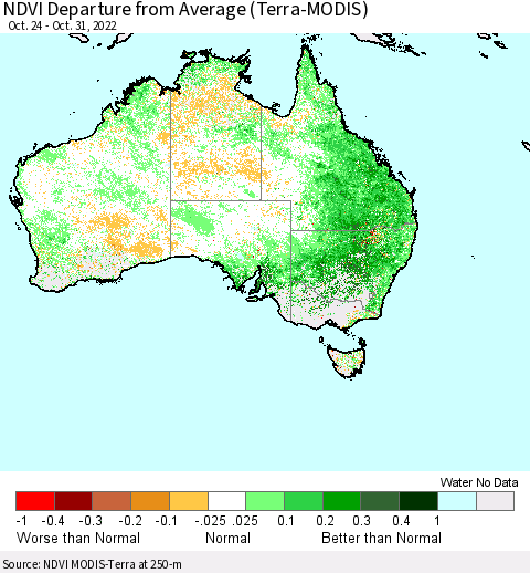 Australia NDVI Departure from Average (Terra-MODIS) Thematic Map For 10/24/2022 - 10/31/2022