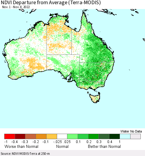 Australia NDVI Departure from Average (Terra-MODIS) Thematic Map For 11/1/2022 - 11/8/2022