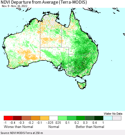 Australia NDVI Departure from Average (Terra-MODIS) Thematic Map For 11/9/2022 - 11/16/2022
