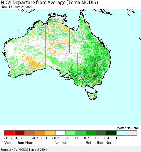 Australia NDVI Departure from Average (Terra-MODIS) Thematic Map For 11/17/2022 - 11/24/2022