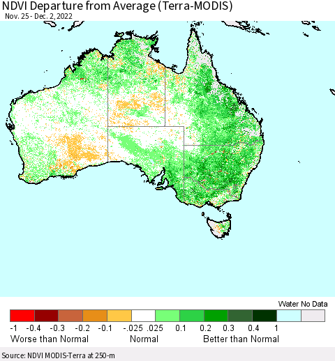 Australia NDVI Departure from Average (Terra-MODIS) Thematic Map For 11/25/2022 - 12/2/2022