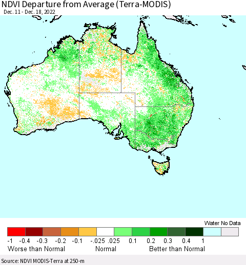 Australia NDVI Departure from Average (Terra-MODIS) Thematic Map For 12/11/2022 - 12/18/2022