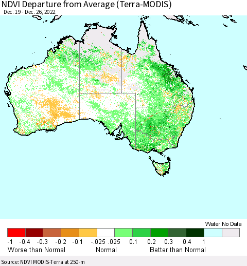 Australia NDVI Departure from Average (Terra-MODIS) Thematic Map For 12/19/2022 - 12/26/2022