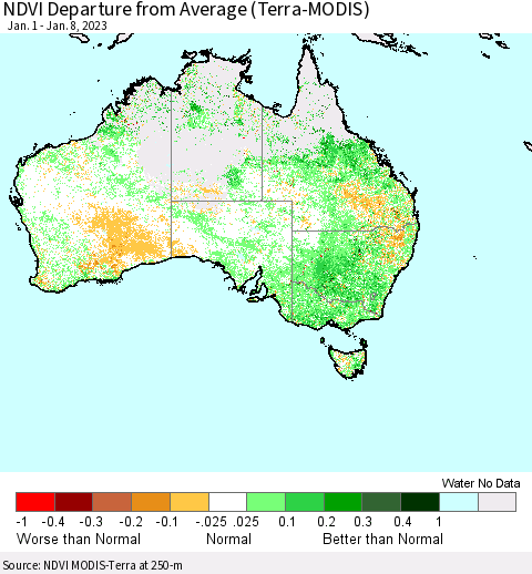 Australia NDVI Departure from Average (Terra-MODIS) Thematic Map For 1/1/2023 - 1/8/2023
