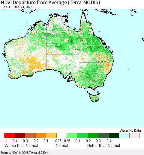 Australia NDVI Departure from Average (Terra-MODIS) Thematic Map For 1/17/2023 - 1/24/2023