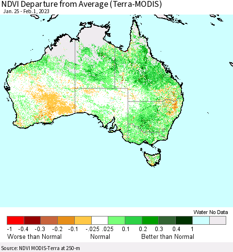 Australia NDVI Departure from Average (Terra-MODIS) Thematic Map For 1/25/2023 - 2/1/2023