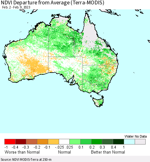 Australia NDVI Departure from Average (Terra-MODIS) Thematic Map For 2/2/2023 - 2/9/2023