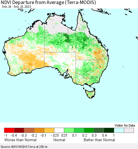 Australia NDVI Departure from Average (Terra-MODIS) Thematic Map For 2/18/2023 - 2/25/2023
