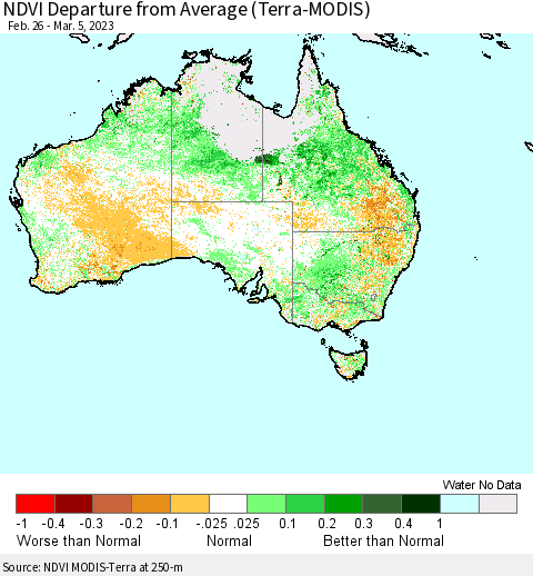 Australia NDVI Departure from Average (Terra-MODIS) Thematic Map For 2/26/2023 - 3/5/2023
