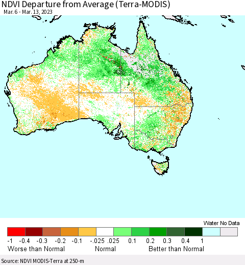 Australia NDVI Departure from Average (Terra-MODIS) Thematic Map For 3/6/2023 - 3/13/2023