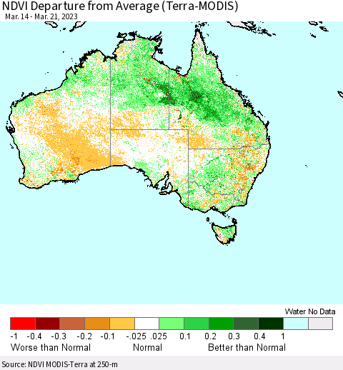 Australia NDVI Departure from Average (Terra-MODIS) Thematic Map For 3/14/2023 - 3/21/2023