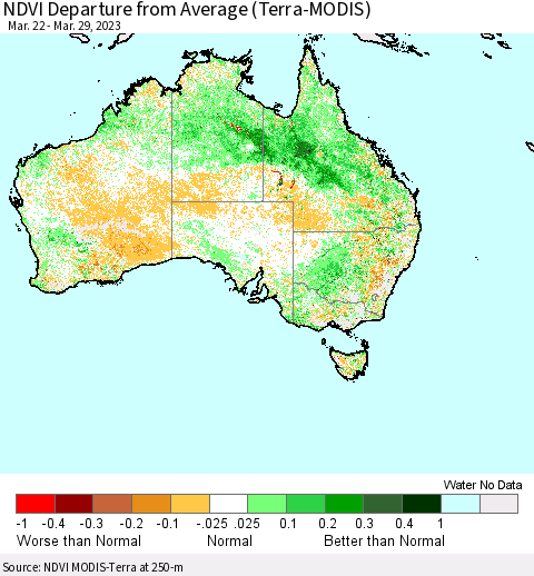 Australia NDVI Departure from Average (Terra-MODIS) Thematic Map For 3/22/2023 - 3/29/2023