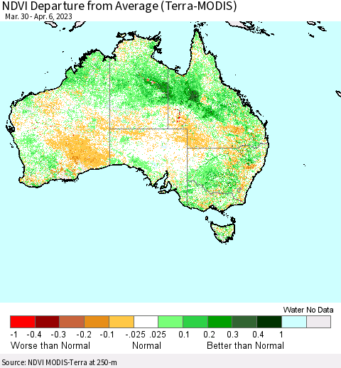 Australia NDVI Departure from Average (Terra-MODIS) Thematic Map For 3/30/2023 - 4/6/2023
