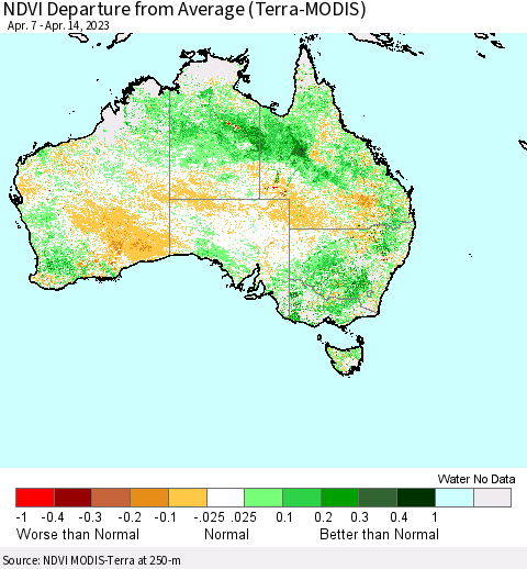 Australia NDVI Departure from Average (Terra-MODIS) Thematic Map For 4/7/2023 - 4/14/2023
