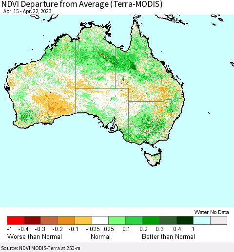 Australia NDVI Departure from Average (Terra-MODIS) Thematic Map For 4/15/2023 - 4/22/2023