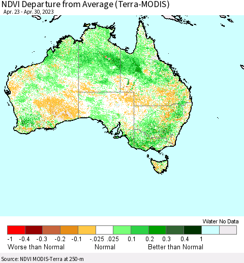 Australia NDVI Departure from Average (Terra-MODIS) Thematic Map For 4/23/2023 - 4/30/2023