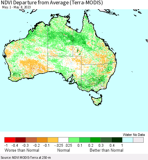 Australia NDVI Departure from Average (Terra-MODIS) Thematic Map For 5/1/2023 - 5/8/2023