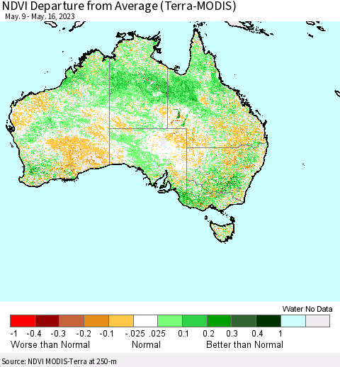 Australia NDVI Departure from Average (Terra-MODIS) Thematic Map For 5/9/2023 - 5/16/2023