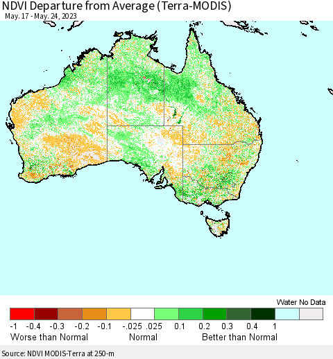Australia NDVI Departure from Average (Terra-MODIS) Thematic Map For 5/17/2023 - 5/24/2023