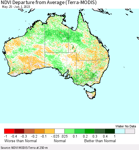 Australia NDVI Departure from Average (Terra-MODIS) Thematic Map For 5/25/2023 - 6/1/2023