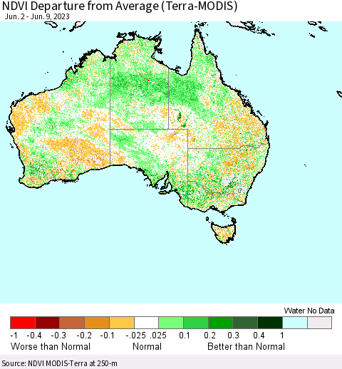 Australia NDVI Departure from Average (Terra-MODIS) Thematic Map For 6/2/2023 - 6/9/2023