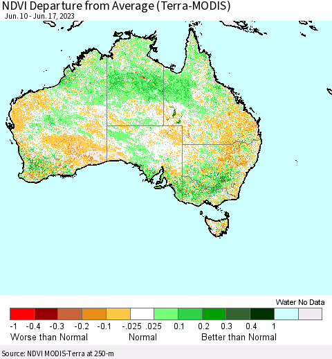 Australia NDVI Departure from Average (Terra-MODIS) Thematic Map For 6/10/2023 - 6/17/2023