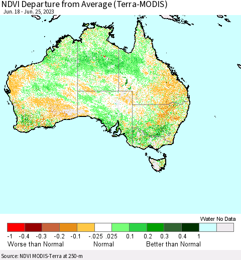 Australia NDVI Departure from Average (Terra-MODIS) Thematic Map For 6/18/2023 - 6/25/2023