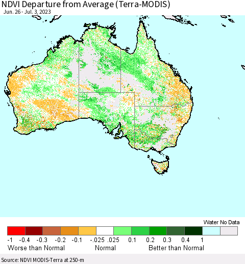 Australia NDVI Departure from Average (Terra-MODIS) Thematic Map For 6/26/2023 - 7/3/2023