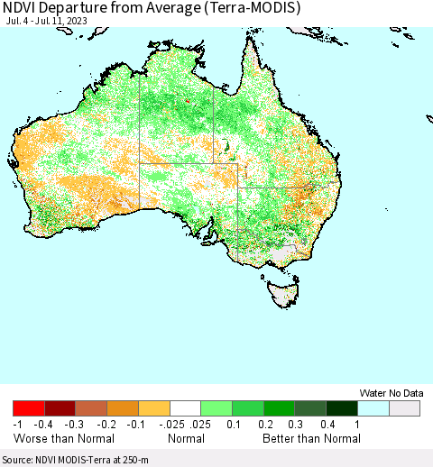 Australia NDVI Departure from Average (Terra-MODIS) Thematic Map For 7/4/2023 - 7/11/2023