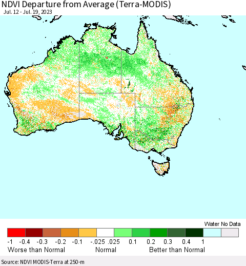 Australia NDVI Departure from Average (Terra-MODIS) Thematic Map For 7/12/2023 - 7/19/2023