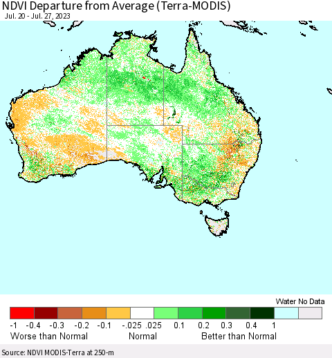 Australia NDVI Departure from Average (Terra-MODIS) Thematic Map For 7/20/2023 - 7/27/2023