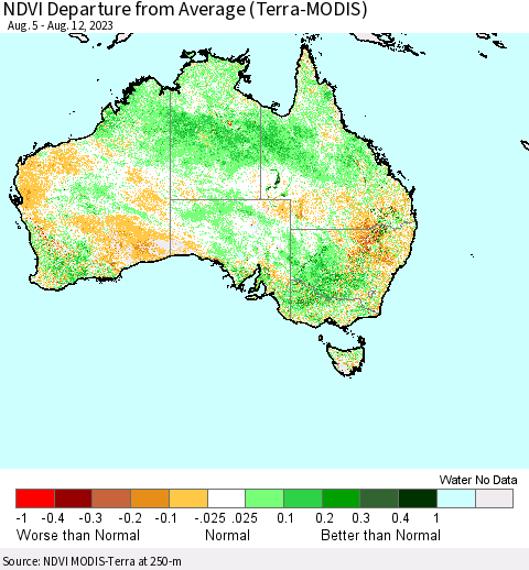 Australia NDVI Departure from Average (Terra-MODIS) Thematic Map For 8/5/2023 - 8/12/2023