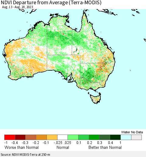 Australia NDVI Departure from Average (Terra-MODIS) Thematic Map For 8/13/2023 - 8/20/2023
