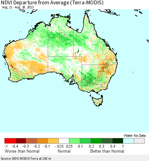 Australia NDVI Departure from Average (Terra-MODIS) Thematic Map For 8/21/2023 - 8/28/2023
