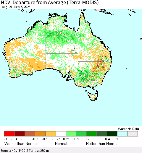 Australia NDVI Departure from Average (Terra-MODIS) Thematic Map For 8/29/2023 - 9/5/2023