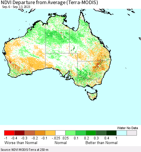 Australia NDVI Departure from Average (Terra-MODIS) Thematic Map For 9/6/2023 - 9/13/2023
